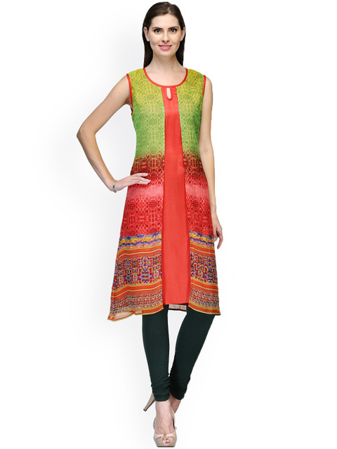 

Bitterlime Red & Green Abstract Print A-Line Kurta