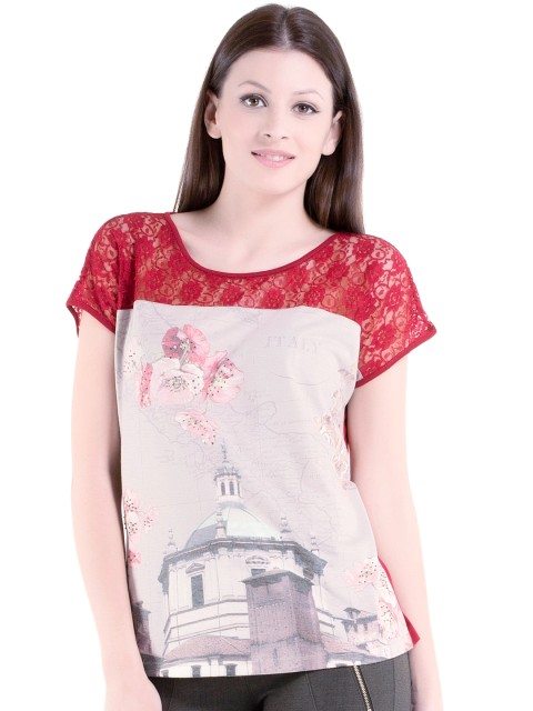 

Kazo Red & Light Pink Printed Lace Top