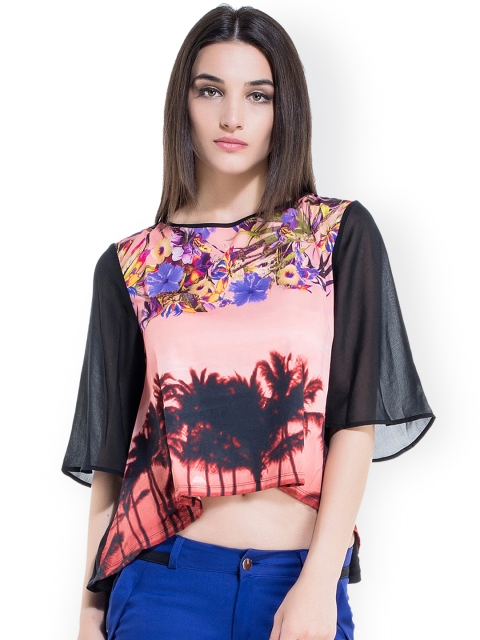 

Kazo Black & Coral Red Floral Print Crop Top