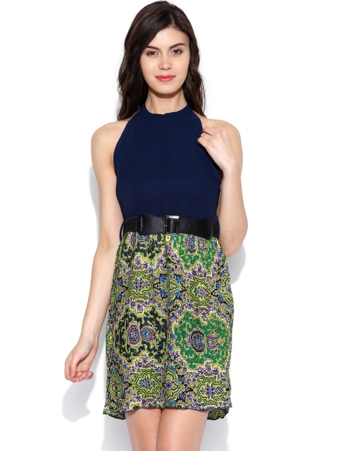 

Tokyo Talkies Navy & Green Printed Fit & Flare Dress, Navy blue