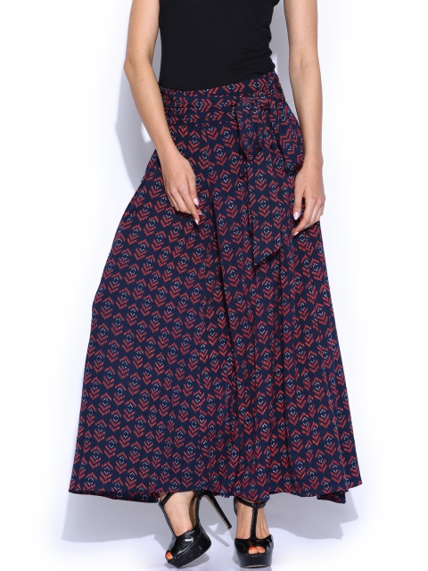 

Tokyo Talkies Navy & Orange Printed Palazzo Trousers, Navy blue