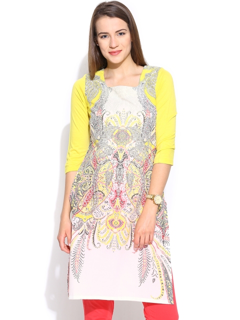 

W White & Yellow Printed Kurta