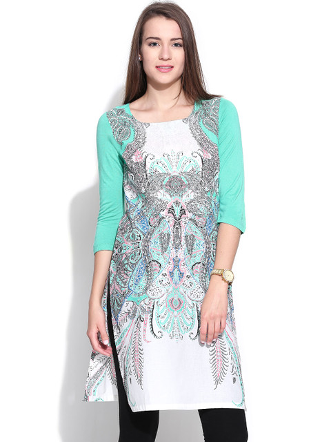 

W White & Turquoise Green Printed Kurta