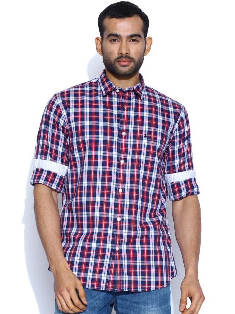 

IZOD Navy & White Checked Slim Fit Smart Casual Shirt, Navy blue