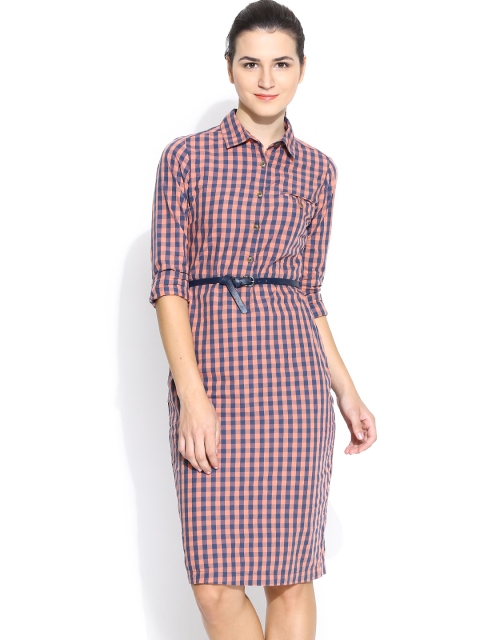 

Tokyo Talkies Peach-Coloured & Blue Checked Shirt Dress