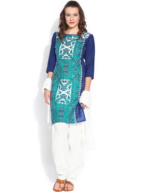 

Jaipur Kurti Green & White Printed Salwar Suit with Dupatta