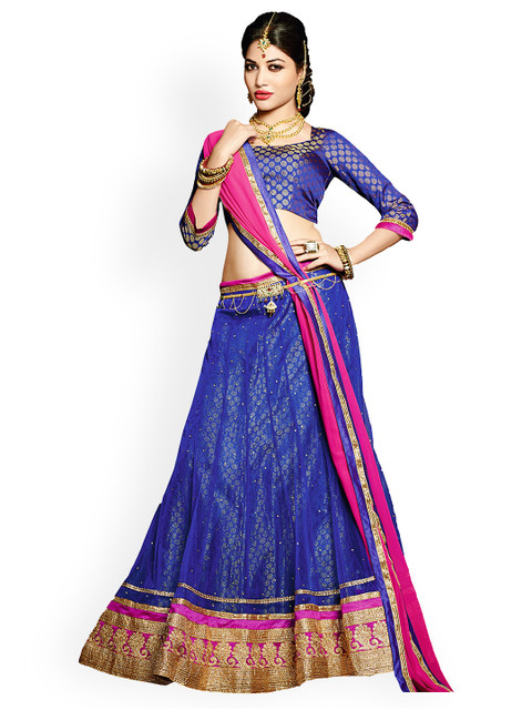 

Saree mall Blue Net Semi-Stitched Lehenga Choli Material with Dupatta