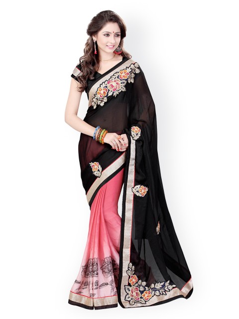 

MIRCHI FASHION Black & Pink Embroidered Satin Chiffon Fashion Saree