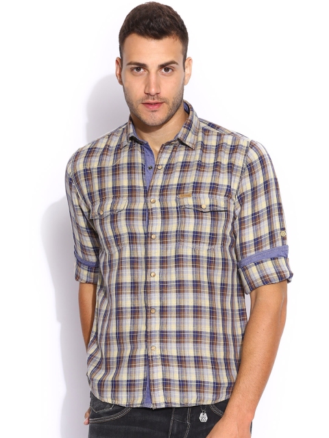 

Pepe Jeans Beige & Blue Checked Linen Semi Fit Casual Shirt