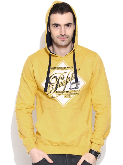 

People Mustard Yellow Printed Hooded Sweatshirt