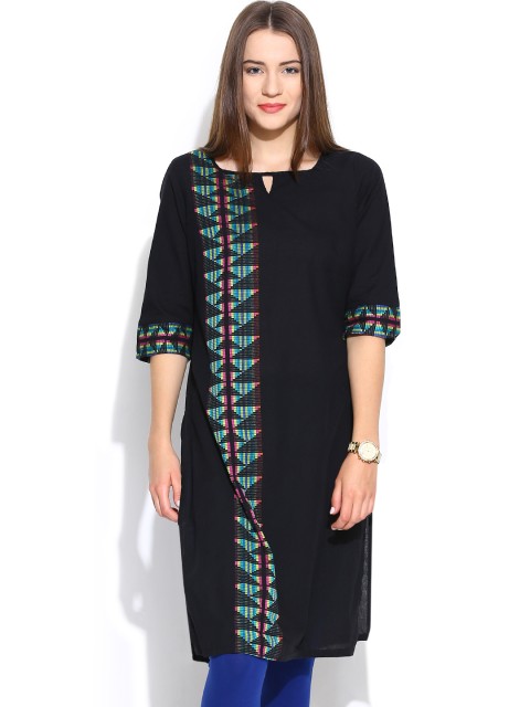 

Aurelia Black Kurta with Dobby Woven Design