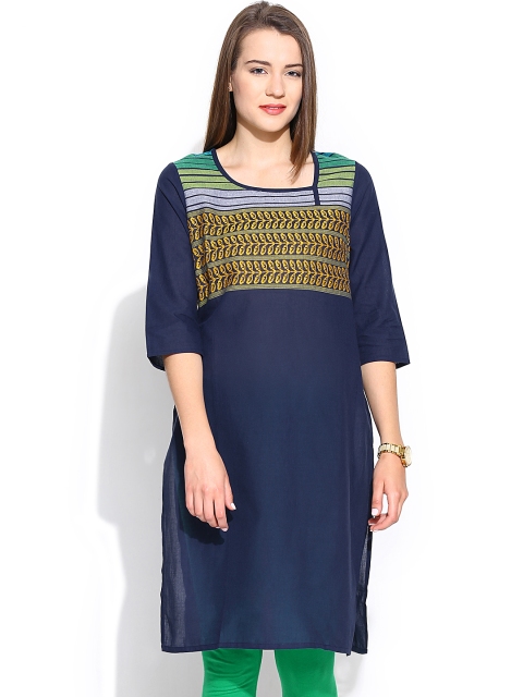

Aurelia Navy Kurta with Woven Design, Navy blue