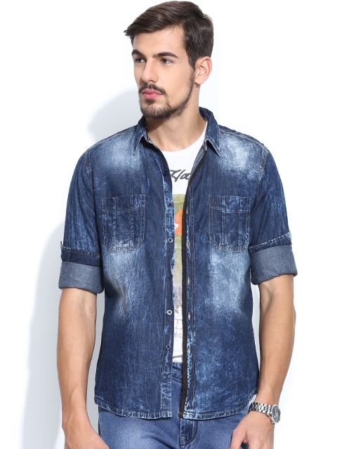 

American Swan Navy Washed Denim Casual Shirt, Navy blue