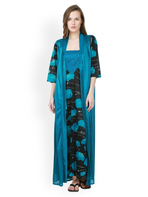 

Claura Blue & Black Printed Satin Nightdress with Robe CL-18