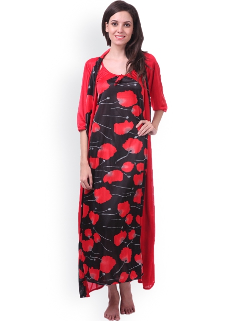 

Claura Red & Black Printed Satin Nightdress with Robe CL-22