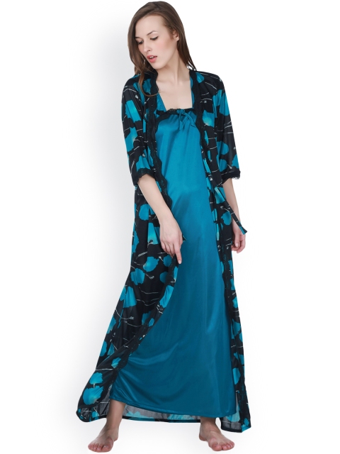 

Claura Teal Blue & Black Printed Satin Nightdress with Robe CL-24