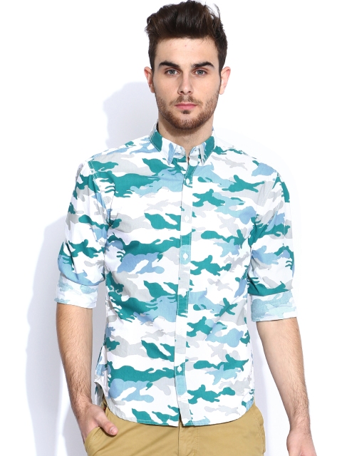 

Breakbounce White & Green Printed Street Smart Slim Fit Casual Shirt