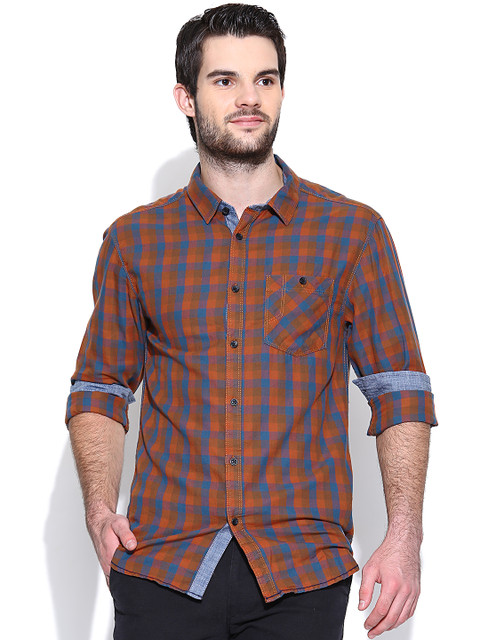 

Breakbounce Rust Brown & Blue Checked Street Smart Slim Casual Shirt