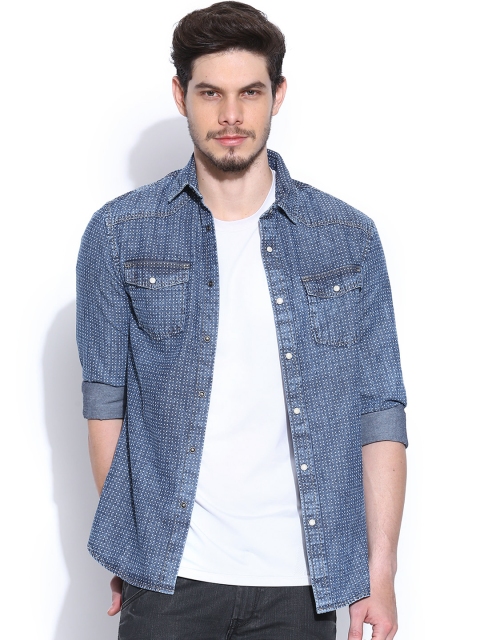 

Celio Blue Printed Denim Slim Fit Casual Shirt