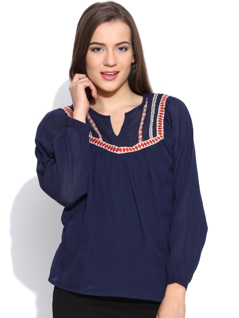 

American Swan Blue Crinkled Embroidered Top