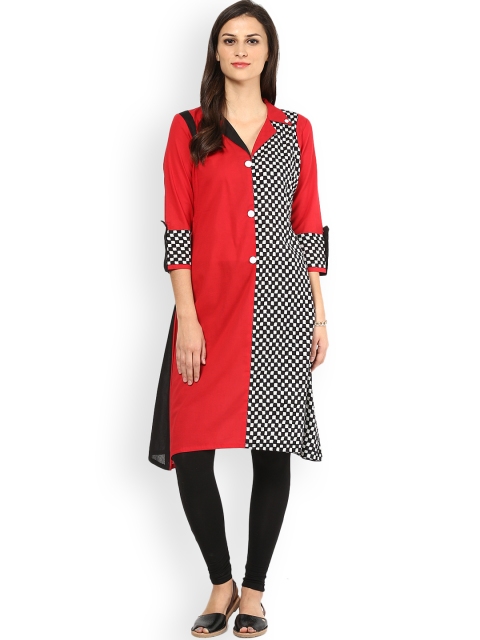 

Nayo Women Red & Black Checked Jacquard Straight Kurta