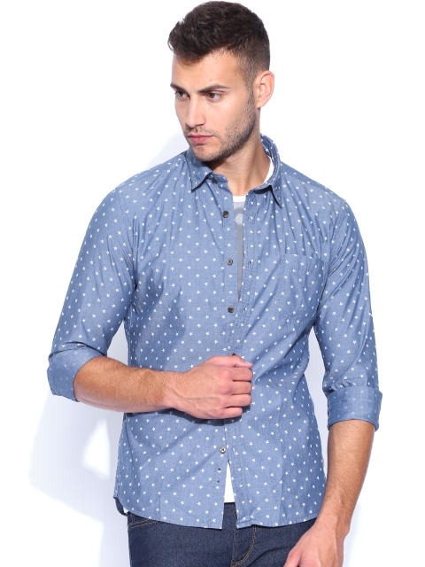 

Flying Machine Blue Star Printed Chambray Shirt