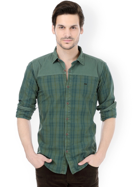 

Basics Olive Green & Blue Checked Slim Fit Casual Shirt