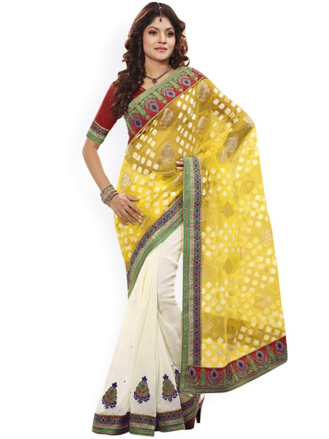 

Touch Trends Yellow & Off-White Patola Jaquard Embellished Saree