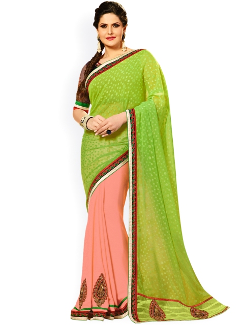 

Touch Trends Green & Peach Brasso Georgette Embellished Saree