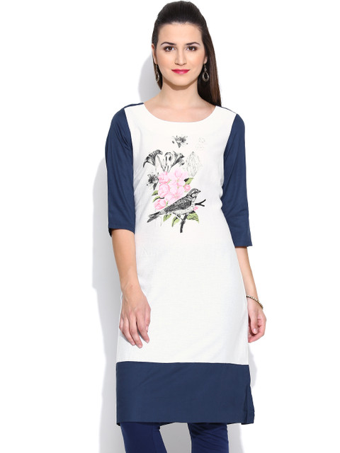 

W White & Navy Printed A-Line Kurta