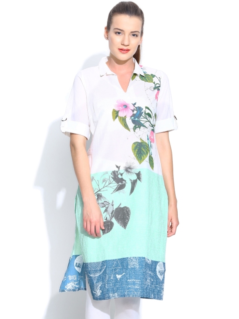 

W White & Green Printed Kurta