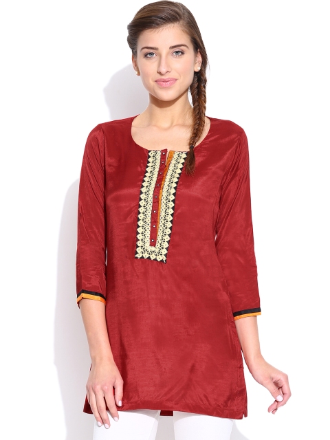BIBA Red Embroidered Kurti with Mirror Work available at myntra for Rs.479
