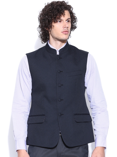 

Arrow Black Nehru Jacket with Woven Pattern, Blue