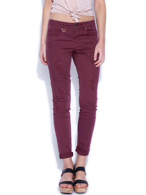 

ONLY Burgundy Distressed Skinny Fit Stretchable Jeans