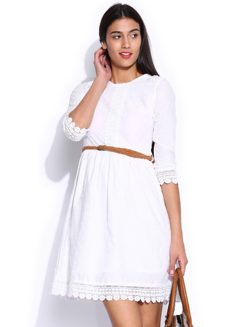 

Tokyo Talkies Off-White Printed Belted Lace Fit & Flare Dress