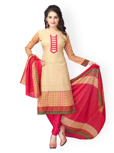 

Vaamsi Beige & Pink Printed Crepe Unstitched Dress Material