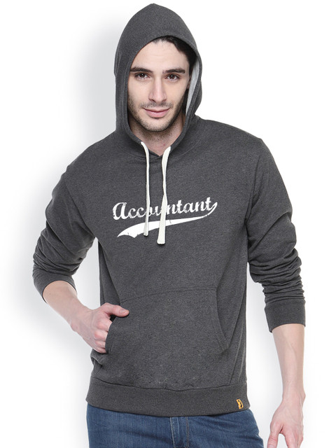 

Campus Sutra Grey Printed Hooded Sweatshirt