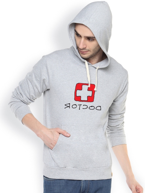 

Campus Sutra Grey Printed Hooded Sweatshirt
