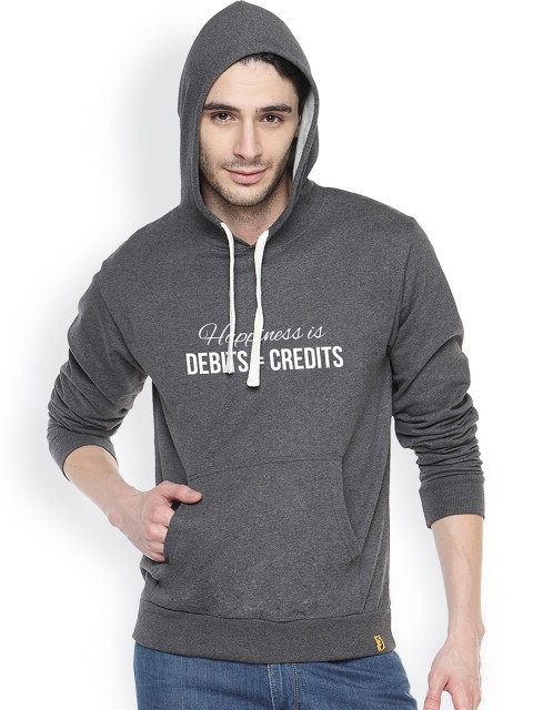 

Campus Sutra Grey Printed Hooded Sweatshirt