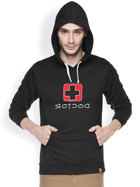 

Campus Sutra Black Printed Hooded Sweatshirt