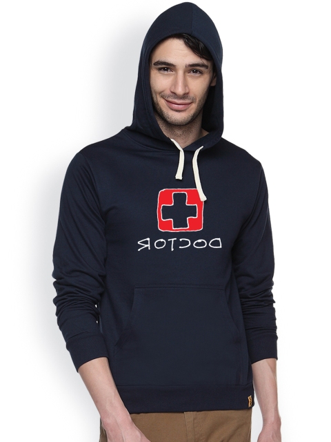 

Campus Sutra Navy Printed Hooded Sweatshirt, Navy blue