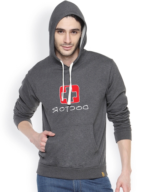 

Campus Sutra Grey Printed Hooded Sweatshirt