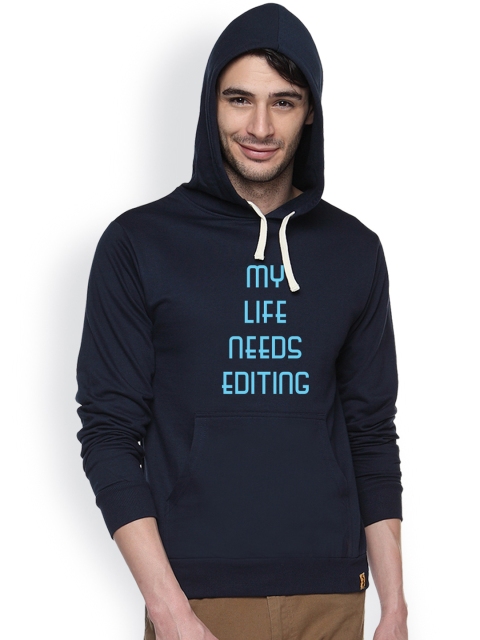 

Campus Sutra Navy Printed Hooded Sweatshirt, Navy blue