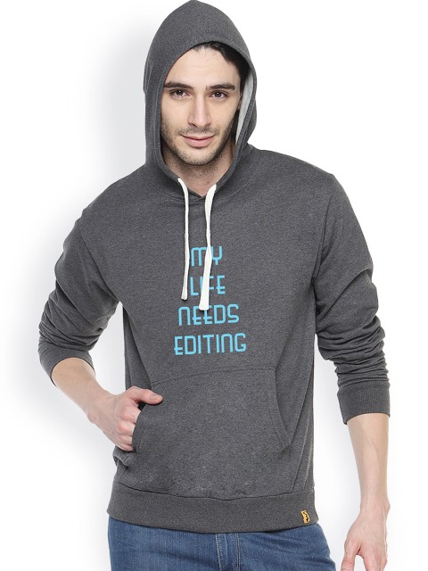 

Campus Sutra Grey Printed Hooded Sweatshirt