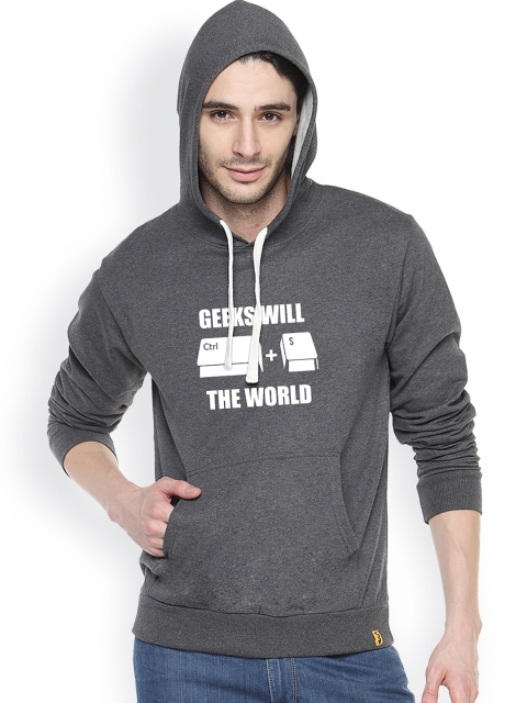 

Campus Sutra Grey Printed Hooded Sweatshirt