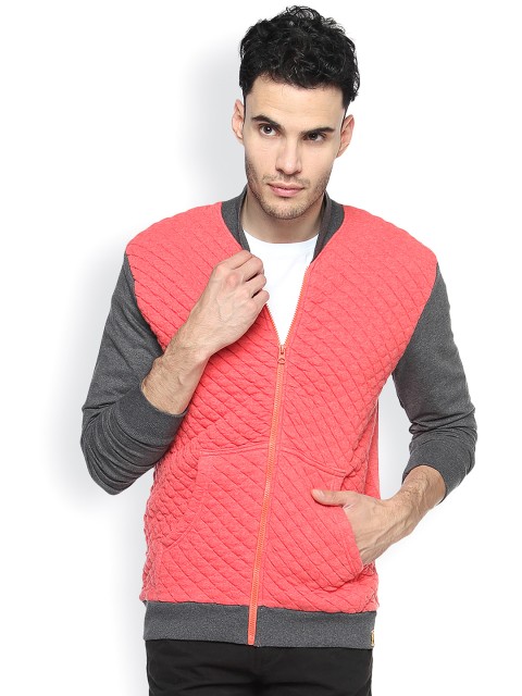 

Campus Sutra Coral Red & Grey Bomber Jacket
