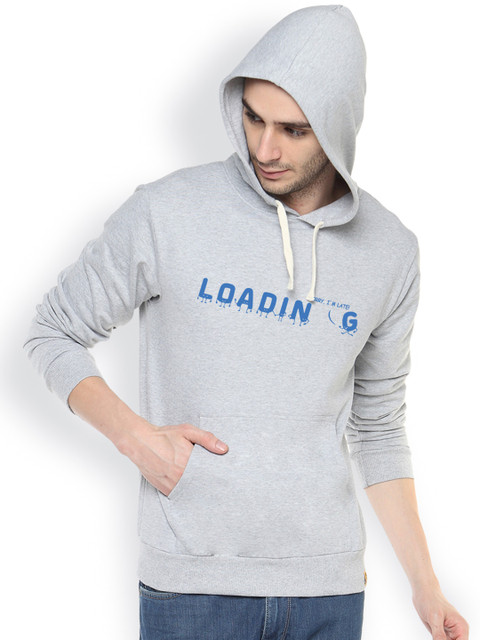 

Campus Sutra Grey Printed Hooded Sweatshirt