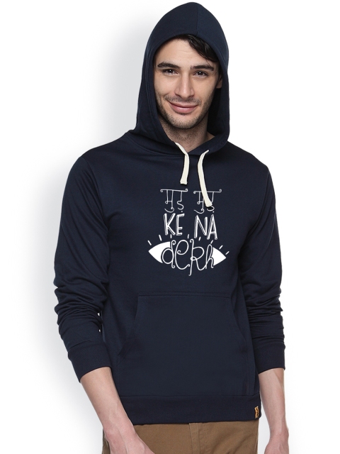

Campus Sutra Navy Printed Hooded Sweatshirt, Navy blue