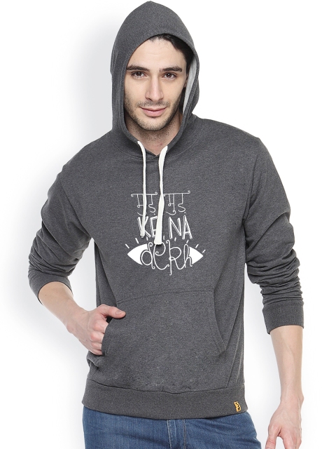 

Campus Sutra Charcoal Grey Printed Hooded Sweatshirt