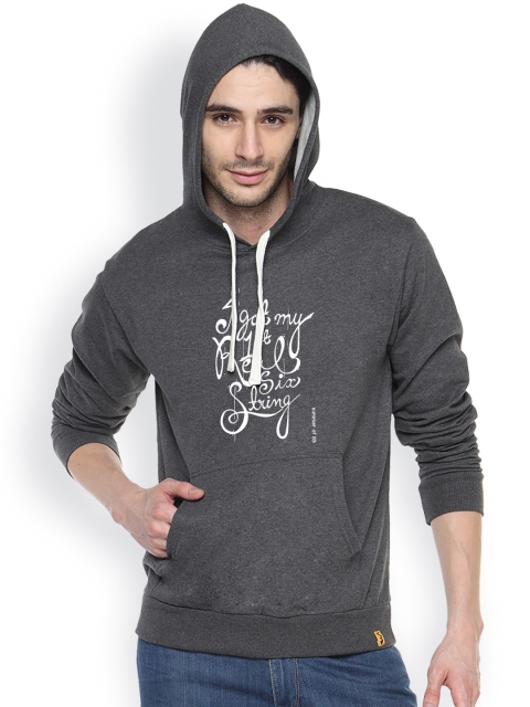 

Campus Sutra Grey Printed Hooded Sweatshirt